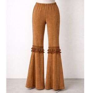 Chatoyant Women's L Mineral Wash Bell Bottom Flare Pants Boho Tassel Lace Brown